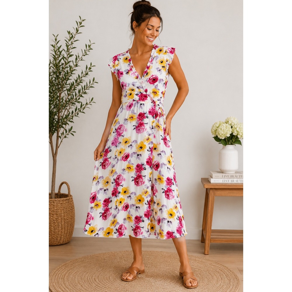 Listicle Floral Wrap Midi Dress Pink Yellow Rose Ruffle V-Neck Cap Sleeve Small